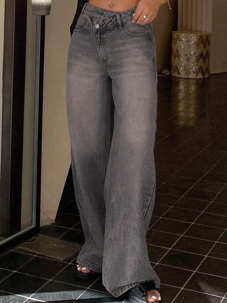 Women's Tall Oblique Placket Loose Casual Straight Leg Jeans, Street Style Relaxed Pants