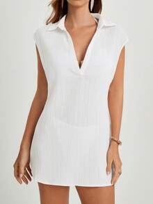 CAJUNI Damen Einfarbiges Kleid mit Umlegekragen und Fledermausärmeln, lässiger Überwurf