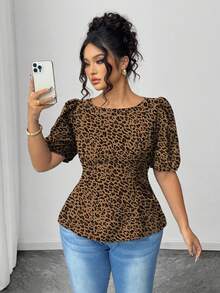 Elenzga Chemise décontractée grande taille à imprimé léopard et pois avec design à nœud dans le dos