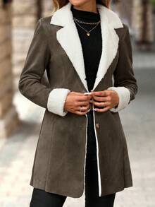 SHEIN Clasi Áo khoác dài tay ấm áp màu tương phản dành cho nữ - xanh quân đội - Xem 5