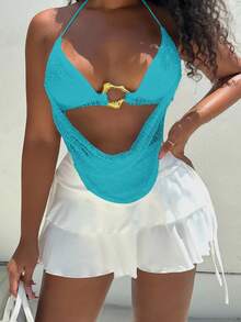Alexandranx Women's Summer Sexy Bohemian Beach Vacation Concert Women Halter Neck Tie Metal Decoration Crochet Summer Tops, Summers For Women, Clubs Women Sexy - Mint Blue - View 3