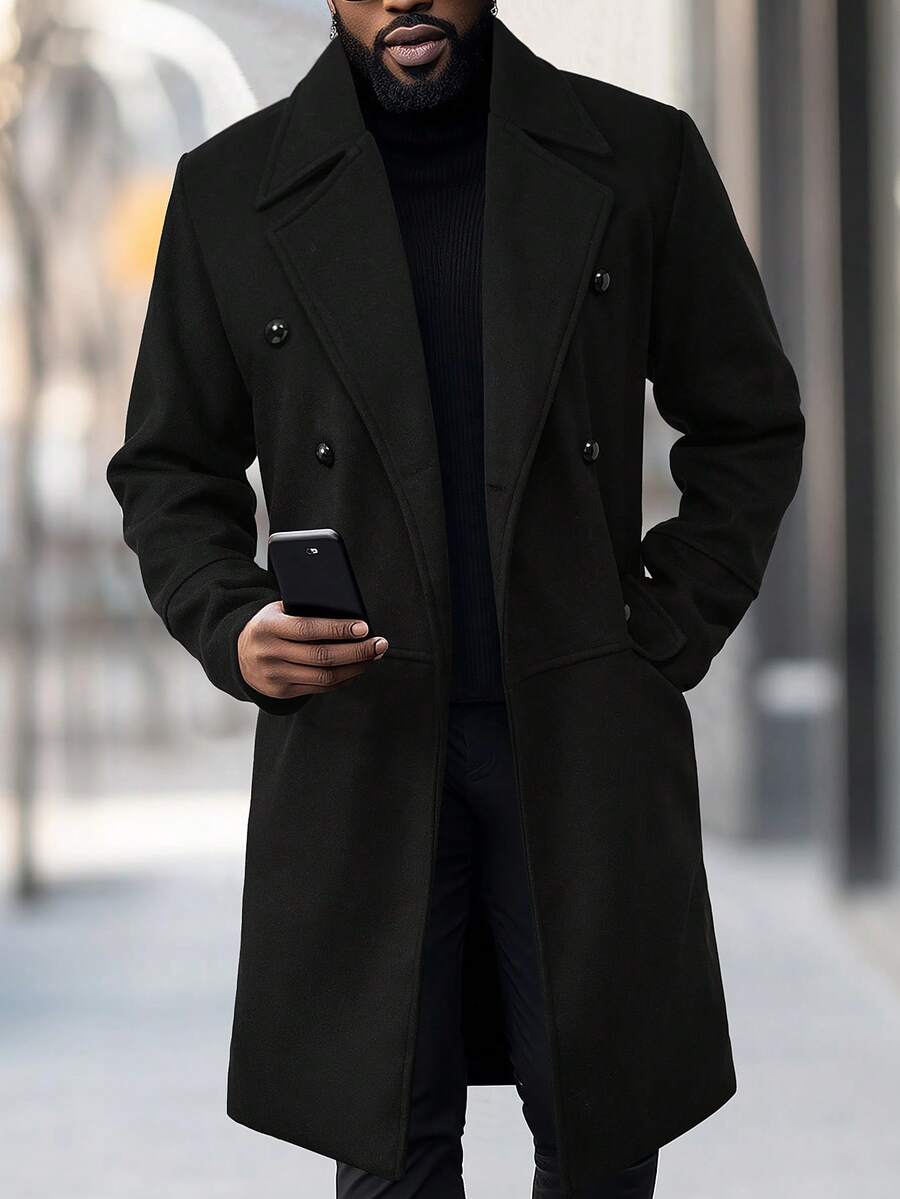 Manfinity Mode Cappotto uomo elegante e versatile a doppio petto, colore unito, cappotto lungo uomo a doppio petto, abbigliamento uomo, cappotto nero uomo, stile dark academia
