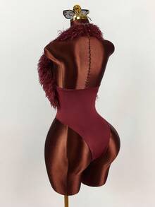 Y2K Amplova Wine Red Furry Halter Neck Sexy Bodysuit For Party Burgundy Burgundy Bodysuit Red Bodysuit Faux Fur Women Bodysuit - Burgundy - View 2