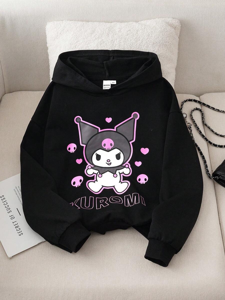 HELLO KITTY AND FRIENDS | SHEIN 少女骷髅字母图案宽松卫衣，休闲黑色套头卫衣