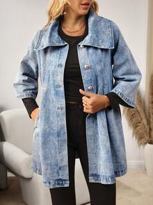 EMERY ROSE Chaqueta vaquera casual de mujer con mangas raglán y cierre de una hilera, otoño - Azul - Ver 6