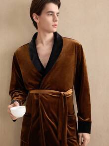 EverLounge 复古英伦风舒适蓬松毛绒睡袍，光泽亮丽，保暖舒适，撞色设计，尽显奢华，适合休闲放松、家庭聚会等场合，开襟设计，男士款，冬季穿着。 - 彩色 - 查看 6