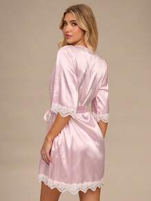 Enchnt Lace Patchwork Women's Robe Luxe Loungewear, Fall, Winter - Baby Pink - View 7
