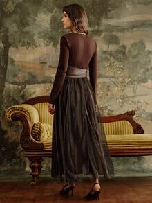 Anewsta Elegant Vintage Elegant V-Neck Long Sleeve Fitted Waist Belt Shiny Mesh Flared Dress For Women, Autumn/Winter - Brown - View 3