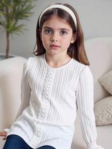 Tween Girls' Solid White Pullover Tops With Vertical Texture, Fall Tops, Fall, Ruffled Sleeves-Casual Fashion Clothing - White - View 7