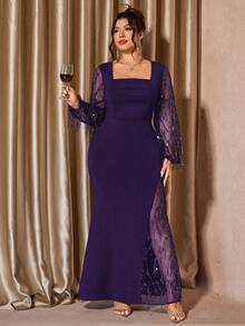 Cravure Plus Size Women's Square Neck Sparkly Mesh Patchwork Dress, Stretchy Luxurious Party Long Sleeve High Slit Autumn/Winter Elegant Party Gown - Purple - View 3