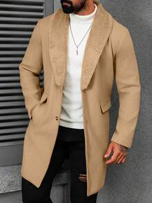 Manfinity CasualCool Men's Solid Color Pocket & Button Front Long Sleeve Overcoat,Autumn Fall Camo Smart Casual Party Beige Coat For Friends Husband Boyfriend - Khaki - View 6