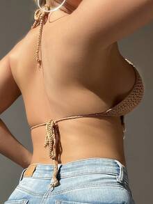 Swim Vcay Women's Vacation Beach Shell Decorated Backless Halter Cover Up Top,Summer Beach - Khaki - View 2