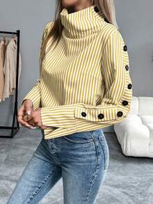 EMERY ROSE 条纹休闲长袖翻领单排扣蓝色衬衫 - 黃色 - 查看 6