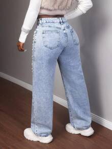 Slaydiva Women's Party Fashionable Commuter Rhinestone & Faux Pearl Decor Straight-Leg Jeans - Blue - View 6