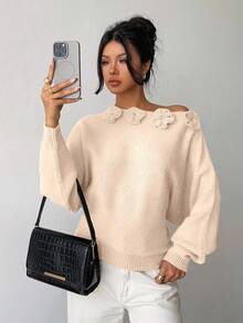 Elenzga Suéter de punto asimétrico con hombros decorados con flores y cristales para mujer - Rosa - Ver 6