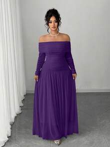 Cravure Plus Size Women's New Off Shoulder Long Sleeve Backless Bodycon Ruched Long Sleeve H-Line Dress - Purple - View 4