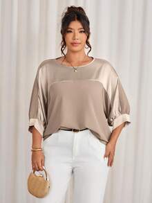 Cravure Koszula w dużym rozmiarze, okrągły dekolt, rękaw 3/4, metaliczny materiał, patchwork, kontrastowy kolor, mankiet, rękaw typu raglan, swobodna, na wyjścia, na święta, do pracy, na imprezę