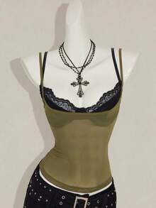 SHEIN ICON 女士红色透视吊带背心，搭配黑色蕾丝细肩带文胸，2 件套 - 彩色 - 查看 3