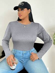 SHEIN EZwear 秋季大码灰色圆领修身长袖紧身衣 - 灰色 - 查看 4