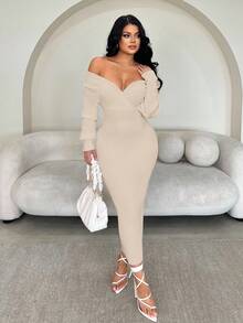 SHEIN SXY 女士性感优雅白色 V 领露肩长袖修身毛衣裙，适合日常穿着、办公室、约会、休闲、派对、感恩节、圣诞节白色中长裙白色长袖连衣裙白色紧身连衣裙罗纹中长裙秋冬 - 杏色 - 查看 6