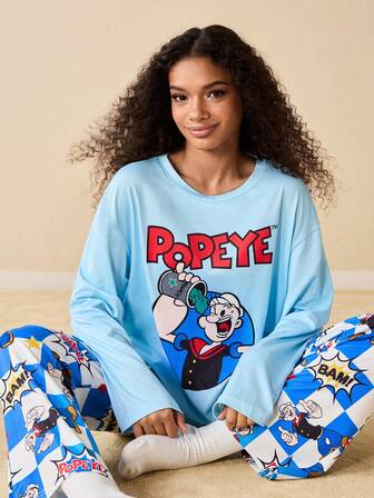 Popeye X SHEIN Women's Casual Cartoon Pattern Drop Shoulder Long Sleeve Top And Pants Pajama Set, Autumn Cartoon Pajamas Pajamas Set Women Cartoon Pajamas Long Sleeve Pajamas, Fall & Winter Clothes