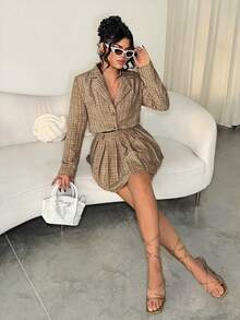 SHEIN SXY 女士优雅通勤夹克和百褶裙套装 - 棕色 - 查看 8