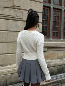 SHEIN EZwear Cárdigan corto de punto de cable con cuello en V para mujer, otoño/invierno - Albaricoque - Ver 2