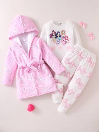 3pcs Girls Cartoon Princess Butterfly Robe Set, Comfortable Flannel Sleepwear Set For Autumn/Winter