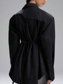 LYSMO 2025 新款简约黑色超大垫肩领长袖系带衬衫，适合女士日常穿着、通勤、办公室着装、实用风格、都市时尚 - 黑色 - 查看 7