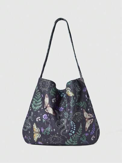 Fairycore 1pc Floral Butterfly Pattern Large Capacity Shoulder Tote Bag, Suitable For Camping, Travel, Shopping, School, Work And More