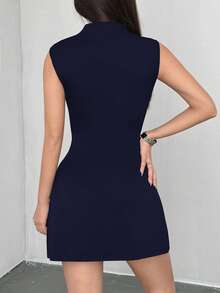 SHEIN PETITE 女士休闲纯色修身无袖连衣裙，春季 - 藏蓝色 - 查看 2