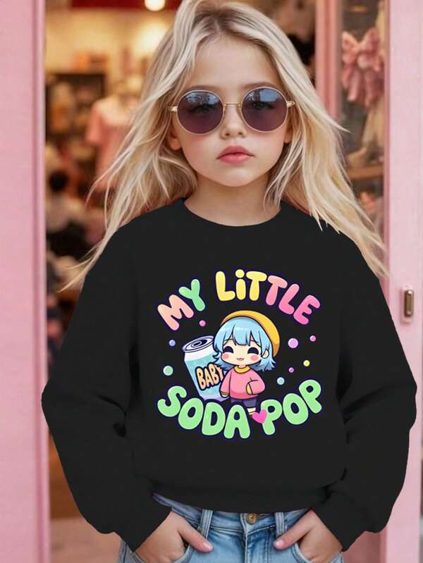 GraphicGems Moletom casual fofo com estampa de desenho animado "MY LITTLE SODA POP" para meninas, letra e estampa de menina, gola redonda, manga comprida, estilo K-POP