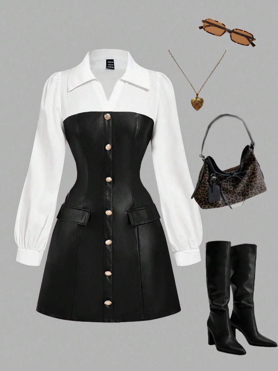 SHEIN MOD 女士黑白PU皮革单排扣休闲时尚衬衫裙 - 黑與白 - 查看 1