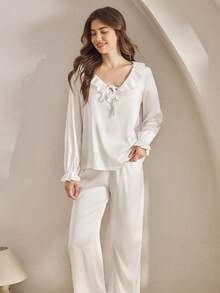 Ocili Romantic Ruffle V-Neck Women Pajama Set, Winter Clothes - White - View 4
