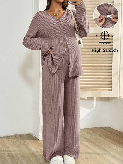 SHEIN 2pcs Maternity Casual Solid Color Top And Pants Set Two Piece Set Women Comfy Modest Two Piece Set Maternity Two Piece Suits Modest Sets For Women Comfortable Two Piece Set
