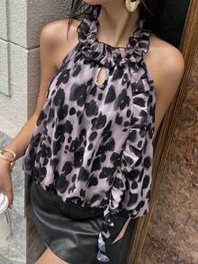 Zielony Grey Summer Elegant Leopard Print Halter Neck Backless Chiffon Loose Fit Sleeveless Top,Brunch Ruffle Animal Print Cheetah Print Ruffle Top - Multicolor - View 1