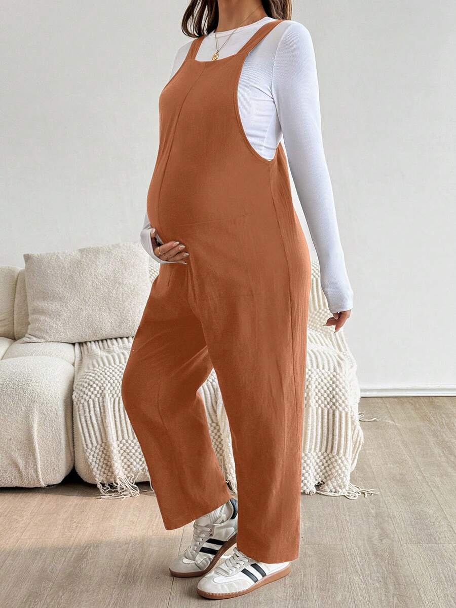 SHEIN Maternity Casual Solid Jumpsuit For Autumn - Orange - View 1