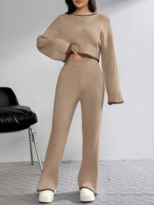 SHEIN EZwear 女士休闲套装：落肩毛衣和喇叭裤，秋冬季 - 卡其色 - 查看 5
