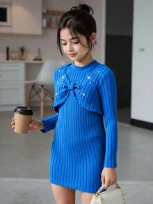 2pcs/Set Tween Girl Casual Outfit, Includes Pearl Decor Long Sleeve Top & A-Line Ruffle Hem Dress, Elegant Outdoor Wear, Spring/Autumn Summer Holiday - Blue - View 3