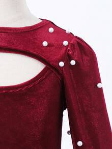 Glamorique Kids Đầm midi chữ A cổ tròn tay bồng khoét sâu họa tiết ngọc trai nhung thanh lịch cổ điển cho bé gái, Đầm dự tiệc Giáng sinh - Màu Đỏ Sâu - Xem 6