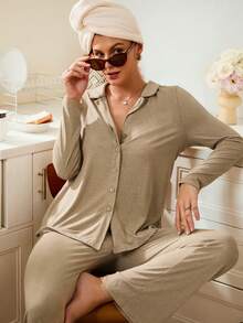 Lazeform纽扣柔软亲肤男女通用时尚家居服套装，舒适优雅细节，秋冬服装 - 駝色 - 查看 2