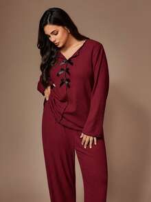 Lazeform Plus Size Women Knitted Ribbed Fleece Bow Decor Ruffle Trim Casual Lounge Set, Long Sleeve Top And Pants, Cozy Winter Clothes - Red - View 5