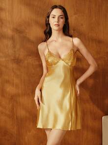 Anewsta Women Solid Color Contrast Lace Long Sleeve Belted Robe And Slit Hem Camisole Sleep Dress Elegant Pajama Set, Vacation, Fall Clothes, Winter Clothes - Mustard Yellow - View 3