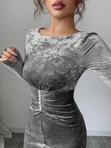 Elenzga Elegant Romantic Ruffle Hem Pearl Decor Velvet Bodycon Midi Dress With Round Neck And Long Sleeves For Women - Grey - View 4