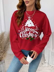 SHEIN LUNE Sudadera holgada de cuello redondo de manga larga con estampado de árbol de Navidad rojo minimalista casual y letras "Feliz Navidad" para mujer, talla grande, adecuada para otoño/invierno, reunión familiar, conjunto familiar para fiesta de Año Nuevo - Multicolor - Ver 6