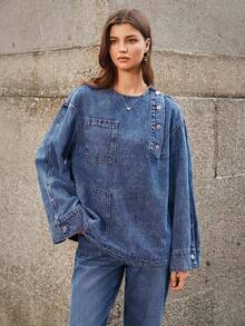 Selenza Women's Fashion Casual Turndown Collar Asymmetric Pocket Washed Loose Denim Blouse - Dark Wash - View 4