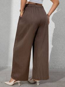 Vionelle Plus Size Women's French Style Casual Elegant Striped Dress Pants, Autumn/Winter Stripe Pants Tall Women Pants Brown Pants For Women Pants Wide Leg Pleated Pants Wide Leg Pants