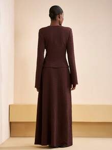 Zivah 2025 秋冬新款音乐节、复活节、圣帕特里克节、西部风、游牧风、生日派对、毕业典礼、学院风、学生装、日常休闲、基础百搭、休闲、邮轮旅行、海滩、度假、网络红、街头服饰、婚礼宾客波西米亚风、通勤、早午餐、机场、派对、节日郊游、优雅盛典 V 领长袖 TextuSkirtd 长款 A 字中长裙两件套棕色西装 - 棕色 - 查看 3