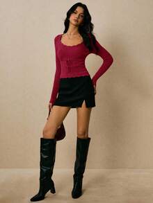 Poéselle Lässiger Damen-Pullover mit Rundhalsausschnitt und Kordelzug Einfarbig, Herbst/Winter, Weihnachtspullover für Damen