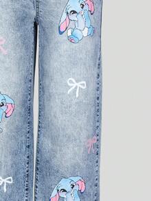 Sparklyn 青少年女孩牛仔裤，休闲可爱兔子印花，宽松阔腿，舒适棉质，适合日常穿着、上学、通勤、四季穿着 - 淺色水洗藍 - 查看 6